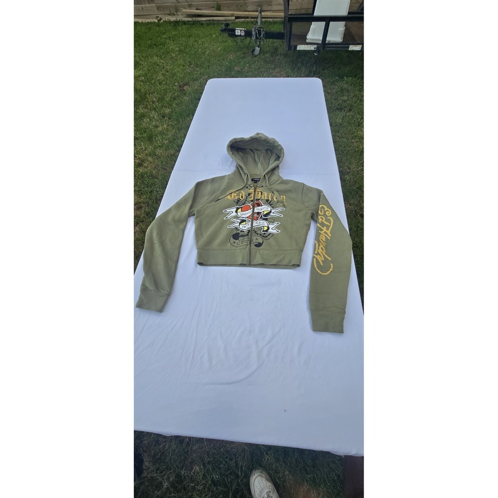 Ed Hardy Cropped Hoodie Womens Sage Green Fleece Broken Hearts Size Large